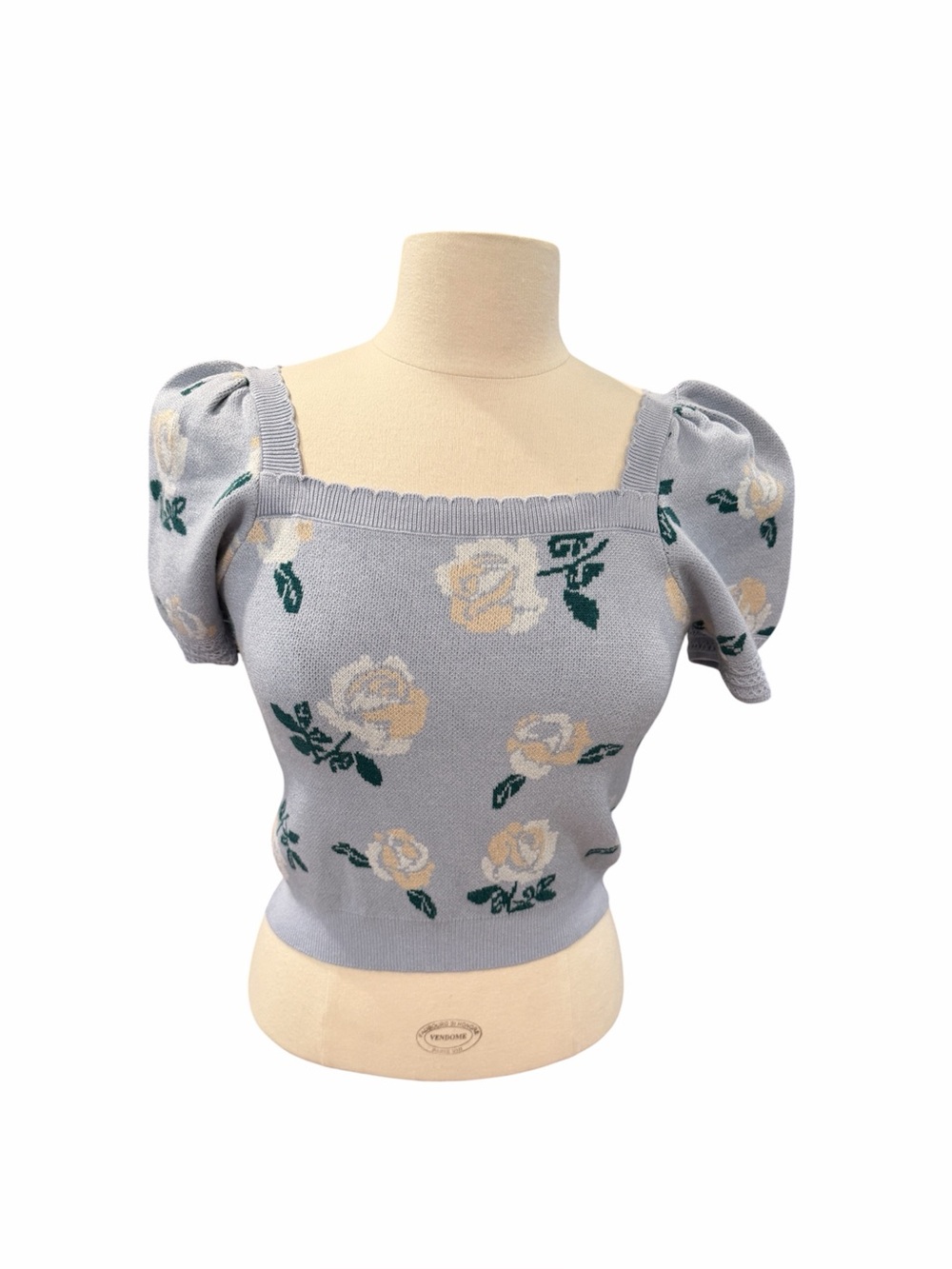Floral Square-Neck Puff Sleeve Crop Top - Light Blue